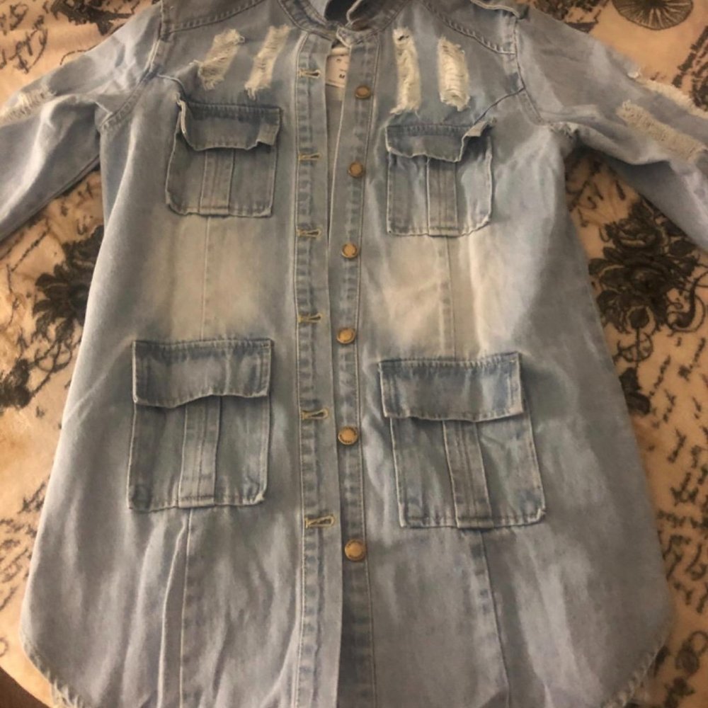 Tanming Women's Casual Distressed Ripped Long Denim Jean Jacket Dress Coat-